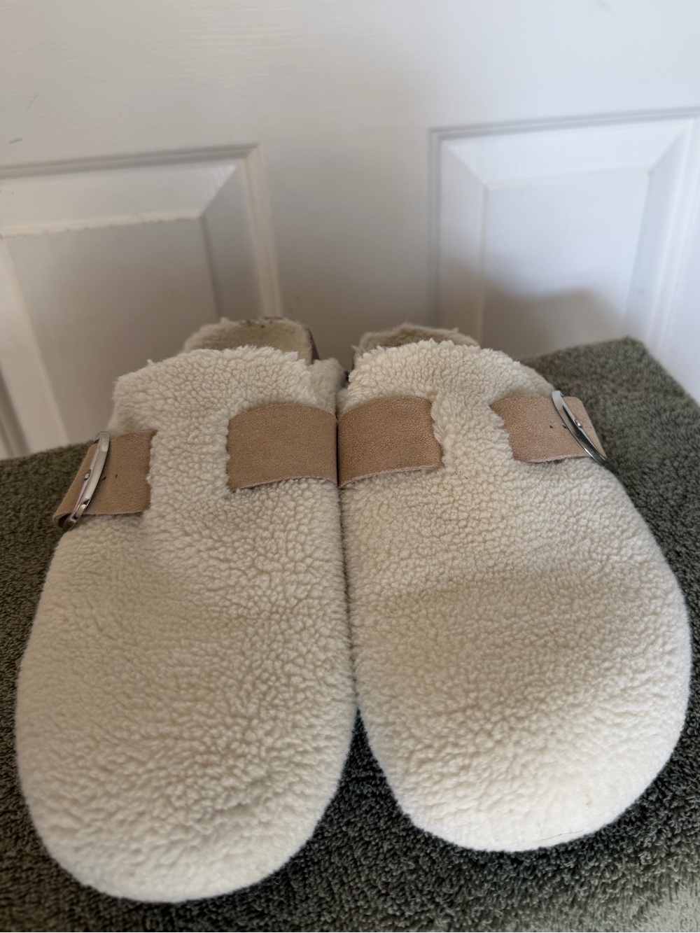 Steve Madden Women’s Cream Faux-Shearling Slip-On Clogs with Tan Buckle Strap